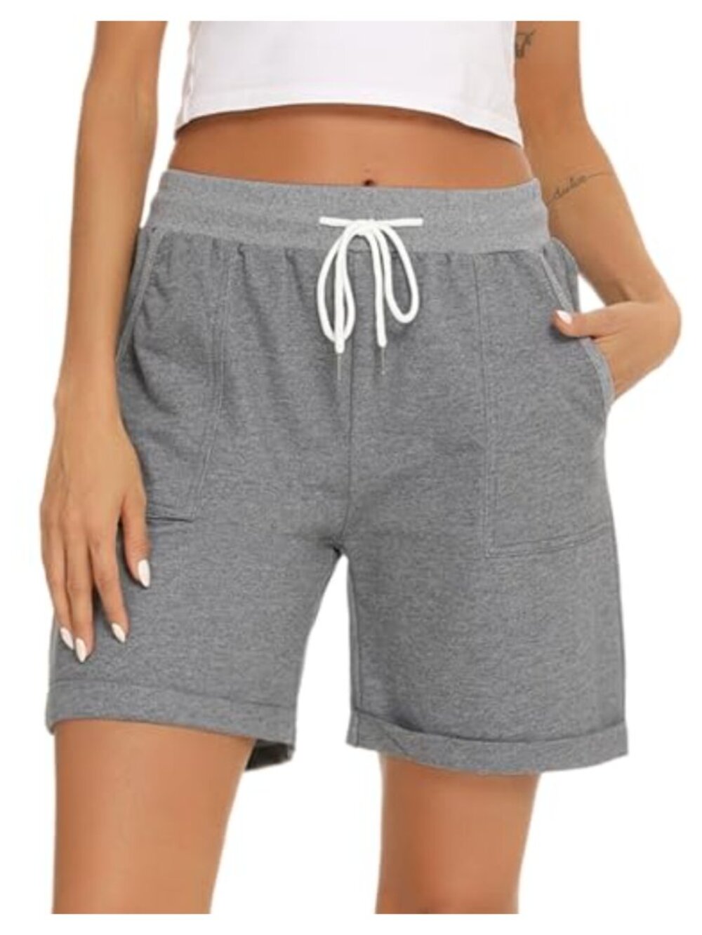 Women's 100% Cotton Bermuda Shorts Drawstring Waist Pockets